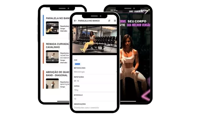 Apresentação real do aplicativo Day Training com exercícios, instruções e vídeos.